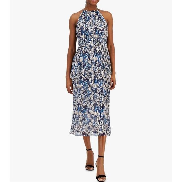 NWT Anne Klein Flowy Halter Marine Blue Multi Midi Dress 10 - Picture 1 of 8